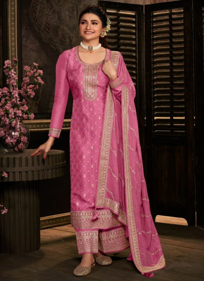 Buy Dark Pink Dola Jacquard Traditional Wear Embroidery Work