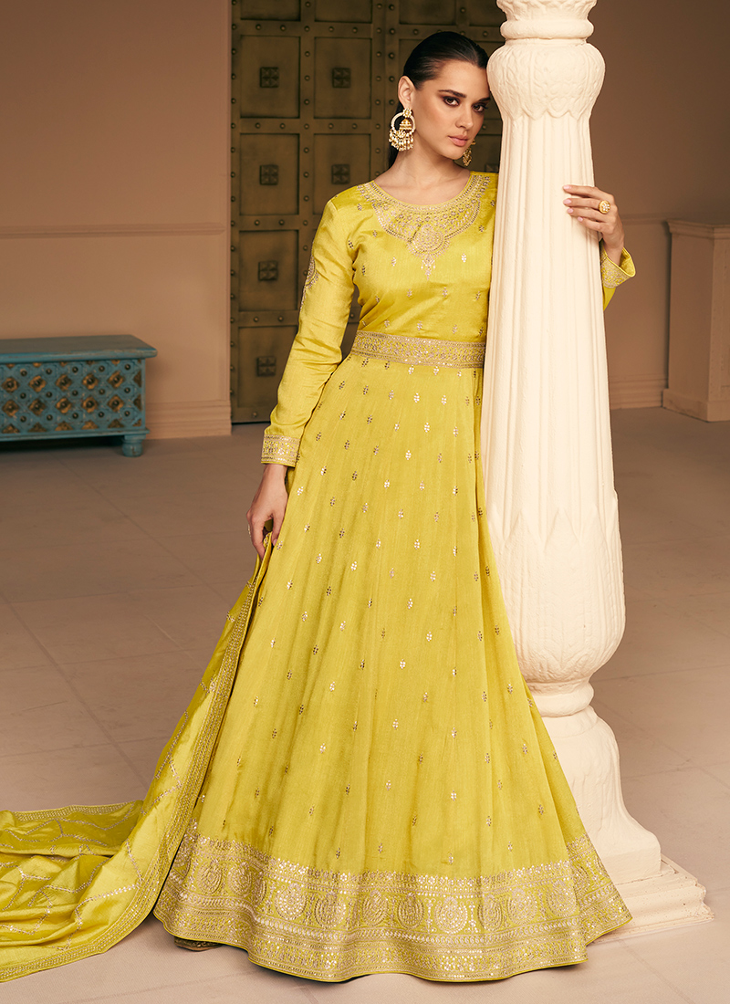 Functional Wear Heavy Butter Silk Mustard Yellow Designer Gown With Dupatta  – Kaleendi