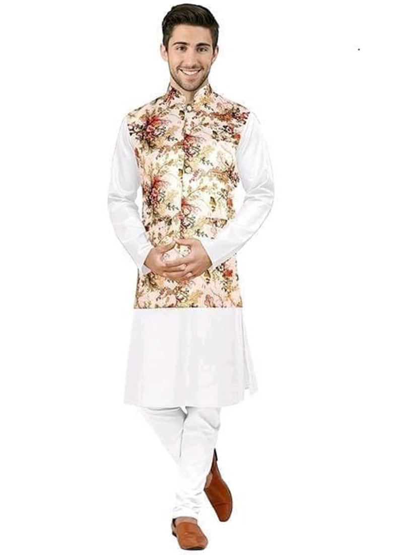 Buy Cream Satin Silk Party Wear Digital Printed Modi Jacket Online