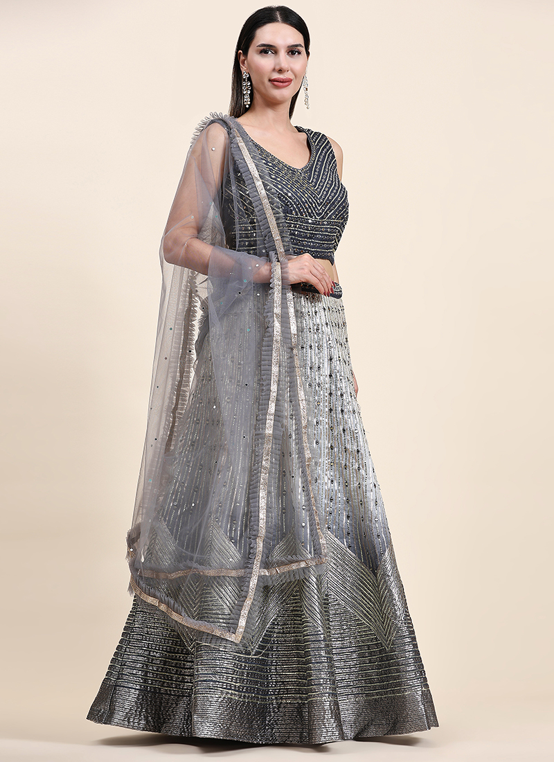 Buy Grey Organza Silk Wedding Wear Mirror Work Ready To Wear Lehenga ...