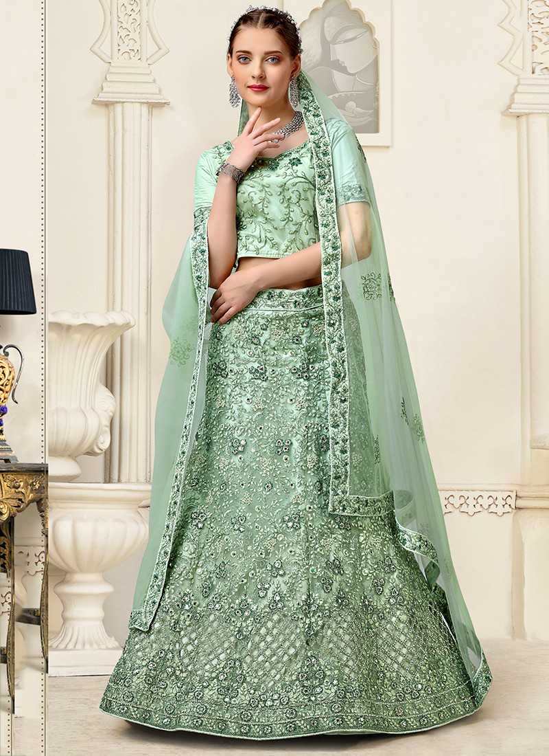 Buy Pista Green Net Wedding Wear Zarkan Work Lehenga Choli Online From ...