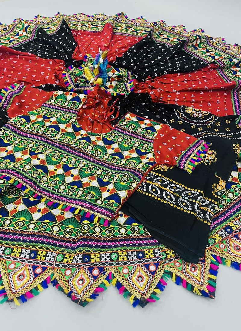 Black Viscose Rayon Mirror Embroidered Navratri Lehenga Choli