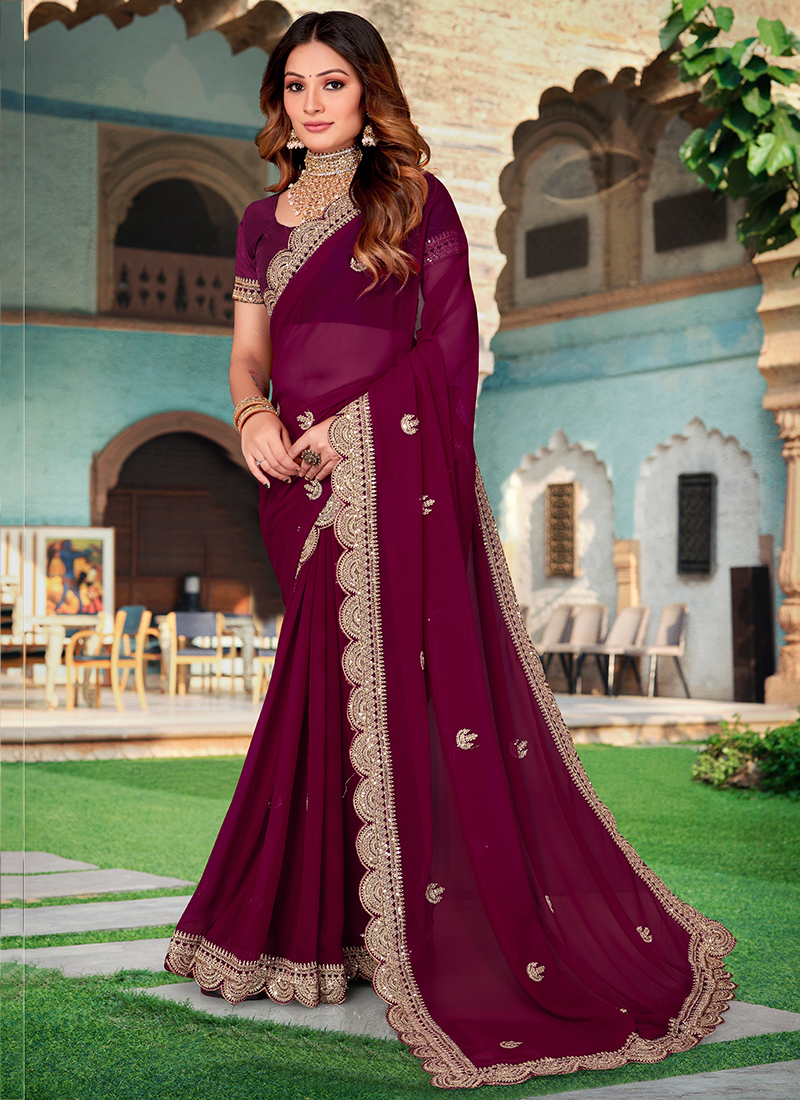 Vishal Prints Wine Georgette Saree With Foil Print And Zari Border