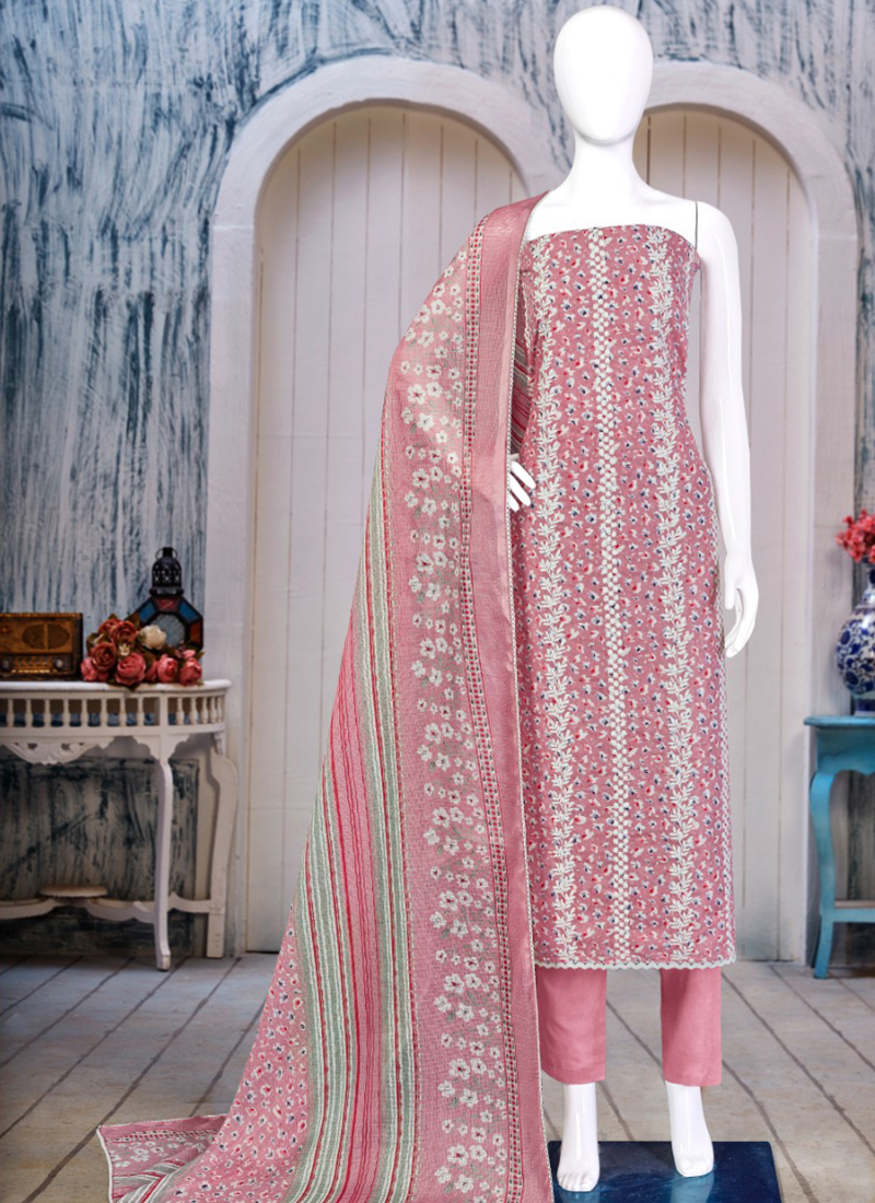 Carrot Orange hand block printed cotton dress material with chiffon dupatta  wholesale | Kiran's Boutique