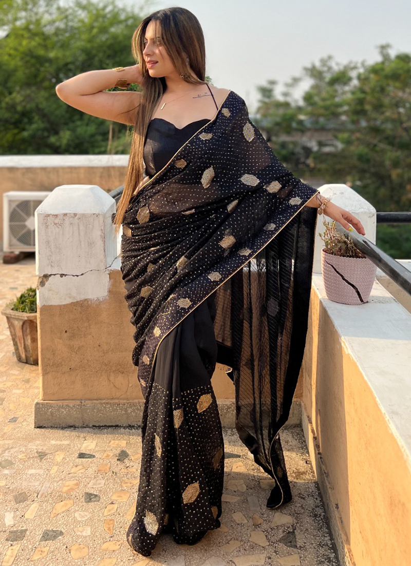 Black Georgette Party Wear Sequins Work Saree VT377