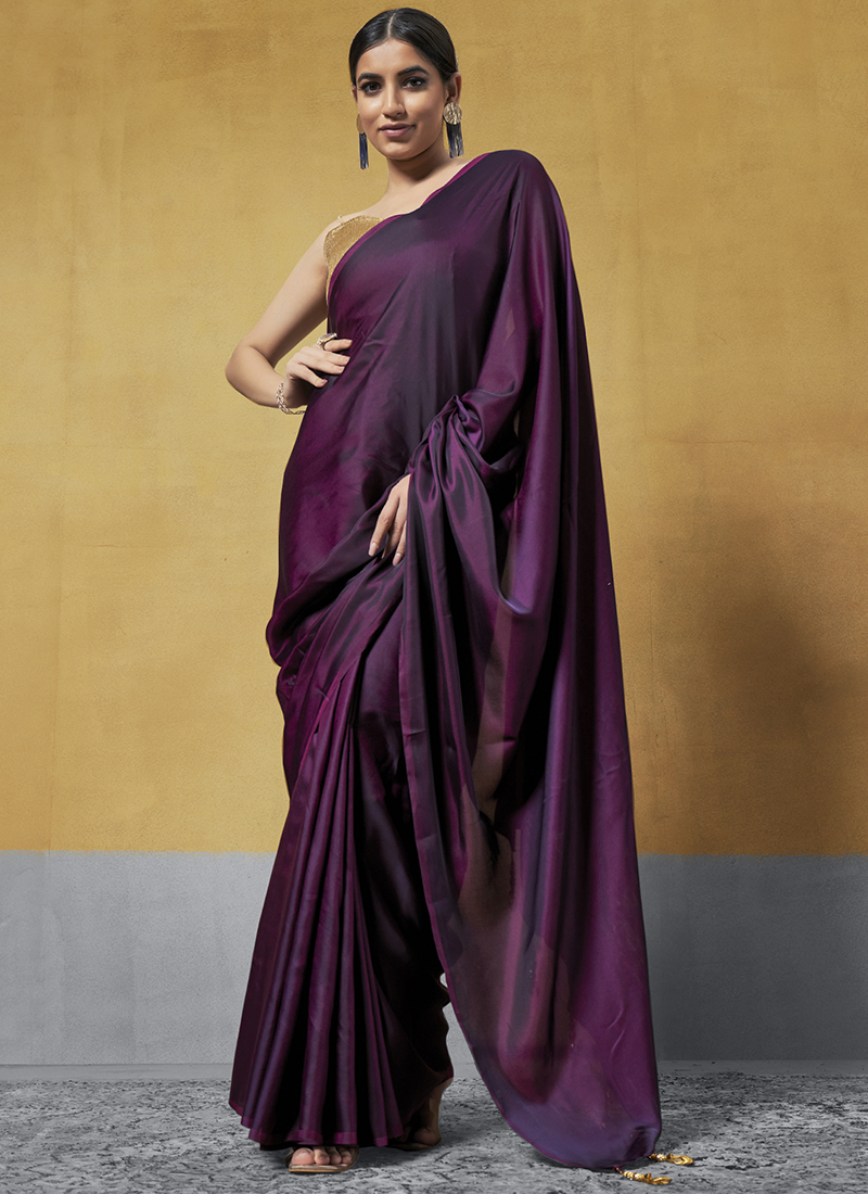 Buy Any Designer Women's Soft Satin Shiny Silk Plain Saree With Designer  jacquard Blouse (Maroon) at Amazon.in