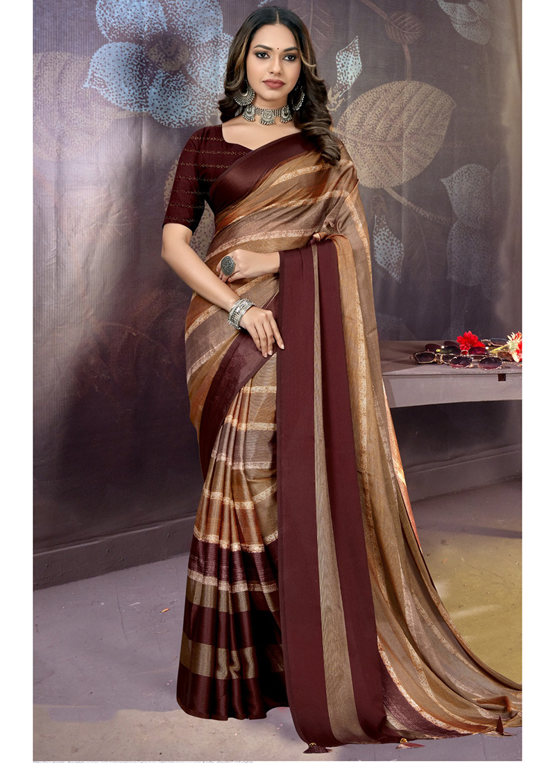 Brown fancy fabric jacquard woven saree with embroidery lace border with  embroidery blouse saree with blouse - Lilots - 4189735