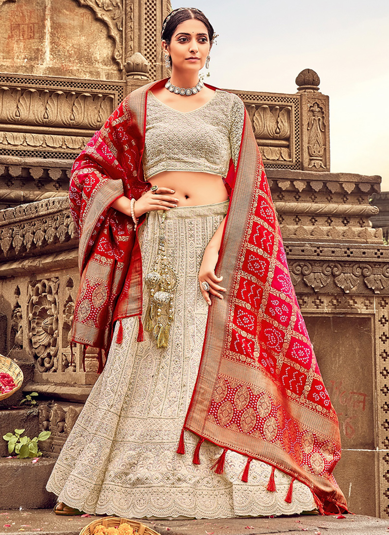 White Lucknowi and Paithani Combination Lehenga Choli Set - Dress me Royal