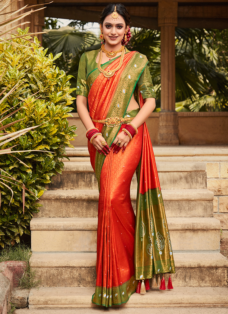 Buy Orange Silk Wedding Wear Kanjivaram Saree Online From ...