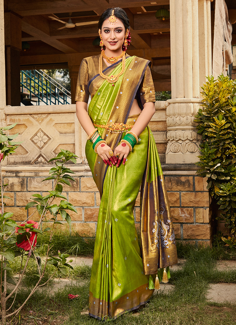 Designer Silk Sarees for Wedding Reception in Green | New Fancy Silk Sare