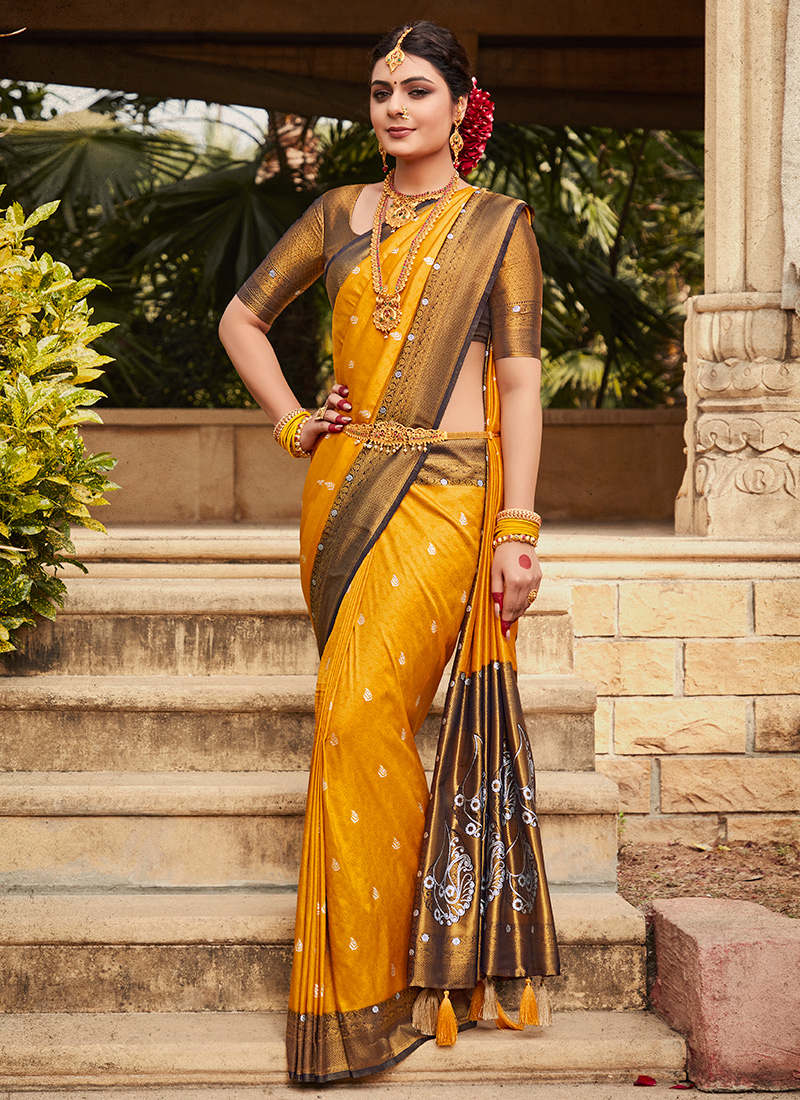Buy Yellow Silk Wedding Wear Kanjivaram Saree Online From ...
