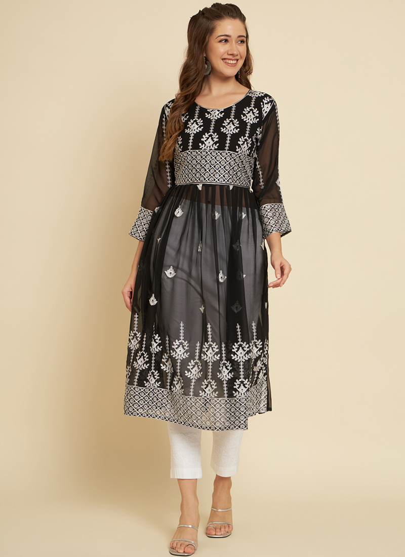 Georgette kurti & Sharara dye set with mirror and chikankari work (#1402) -  Vogue N Trends - Buy the lucknowi chikankari online at lowest prices!!!