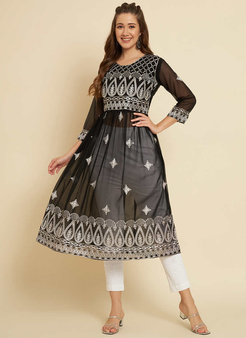 Buy Regular Wear Black Lucknowi Work Georgette Kurti Online From Surat  Wholesale Shop.