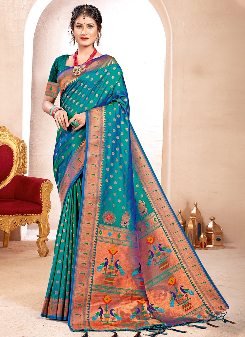 Buy Paithani Silk Bridal Saree Zari Woven With Blouse Piece-Parrot Green at  Amazon.in