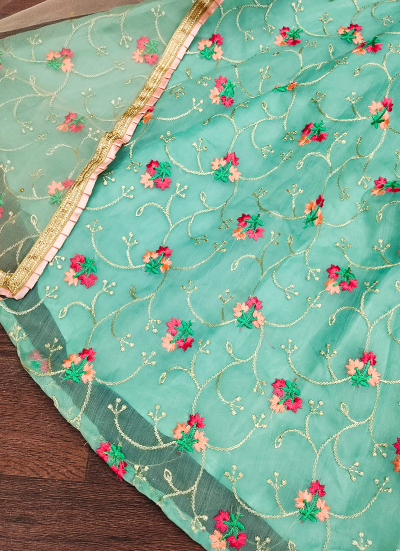 Buy Turquoise Blue Organza Party Wear Embroidery Work Lehenga