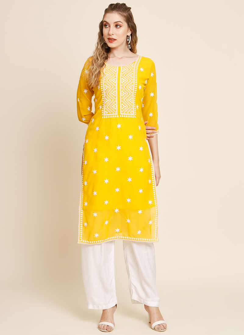 Buy Plain Yellow Cotton Designer Kurti Online