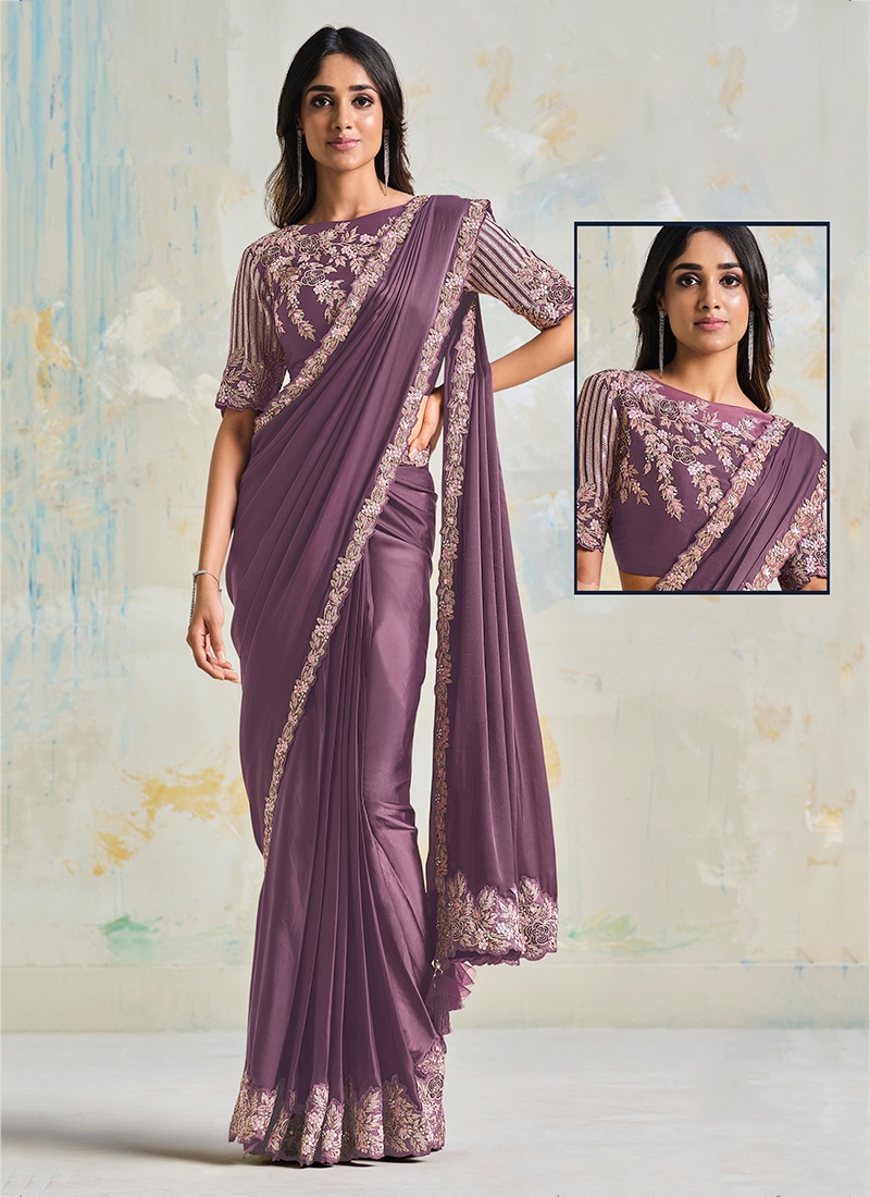 Cream Colour Pure Satin Silk Ready To Wear saree - Teeya Creation - 4250687