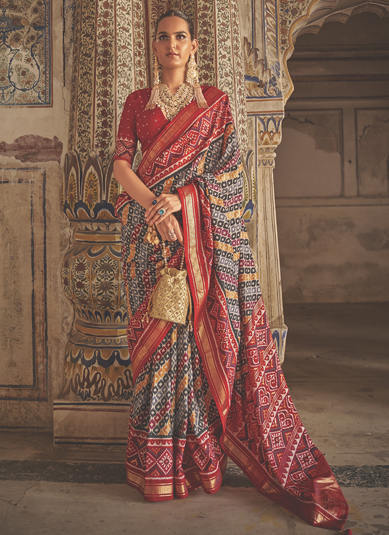 Beige & Red Patola Silk Saree - Urban Womania