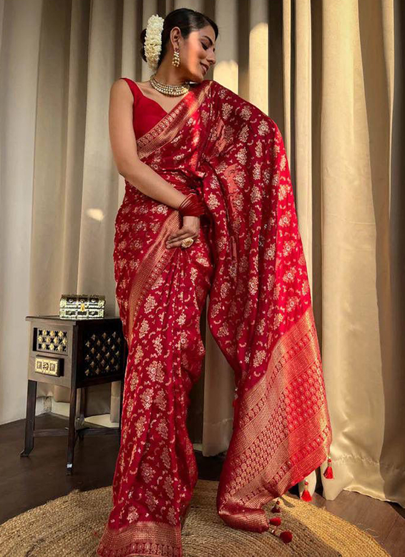Buy Red Banarasi Silk Traditional Wear Weaving Saree Online From Wholesale  Salwar.