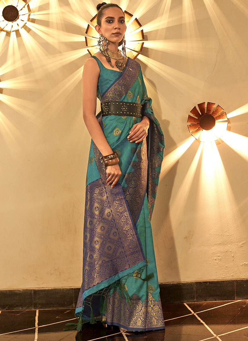 Turquoise Blue Fancy Silk Saree