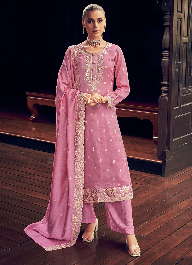Buy Pink Silk Party Wear Embroidery Work Palazzo Suit Online From