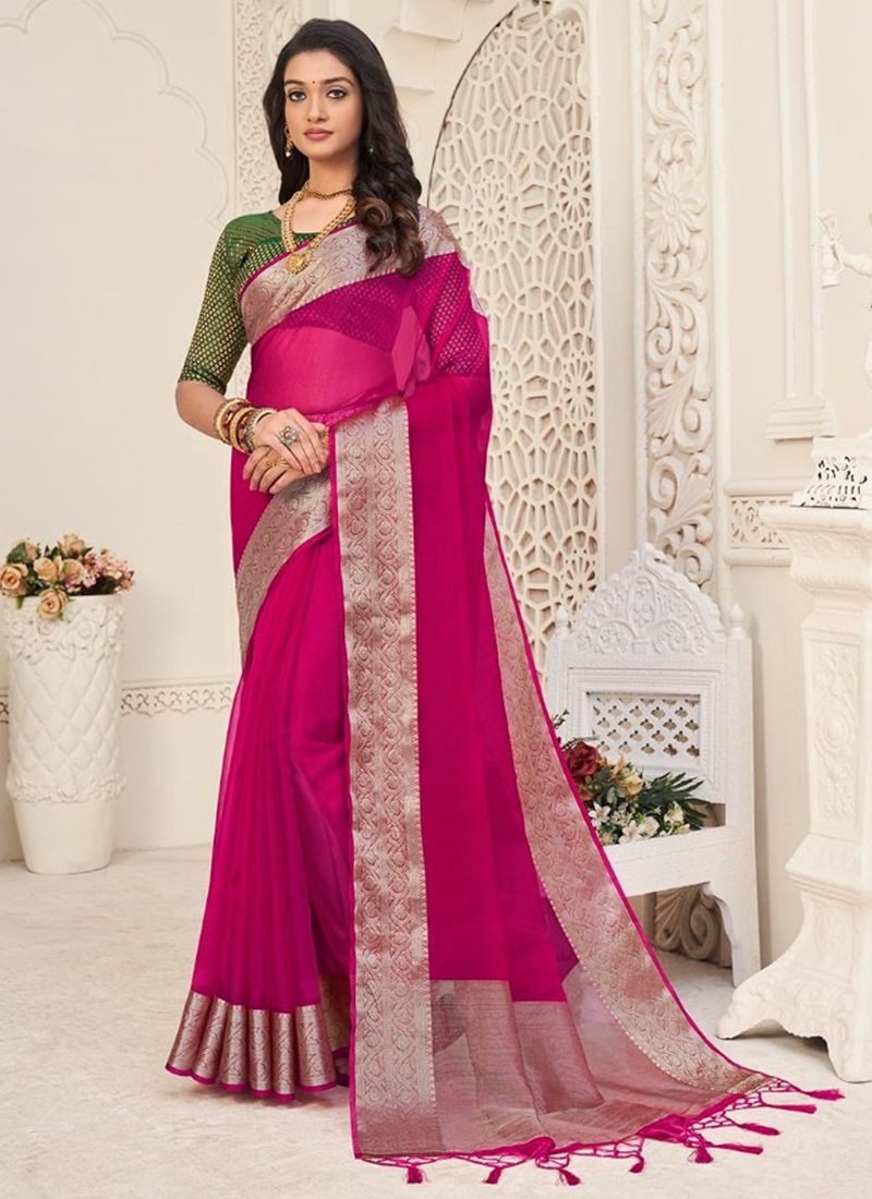 Pink Organza Traditional Wear Weaving Saree