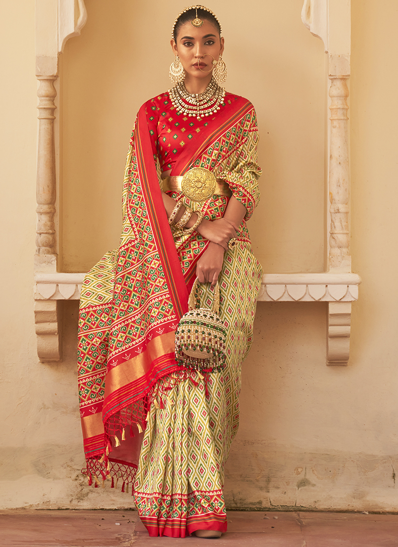Buy Cream Tussar Silk Party Wear Patola Saree Online From ...