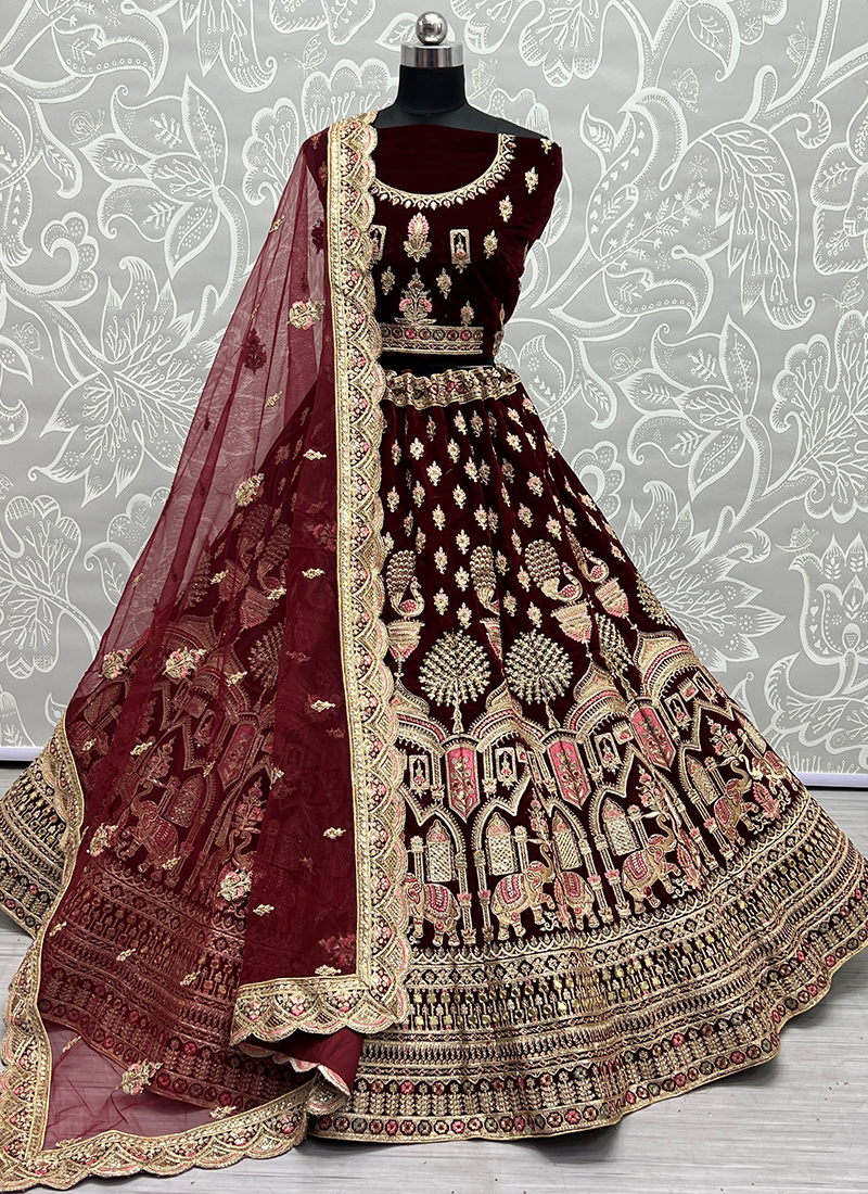 Classic Wine Color Velvet heavy Embroidered Lehenga Choli Set with Gla –  Saree Suit