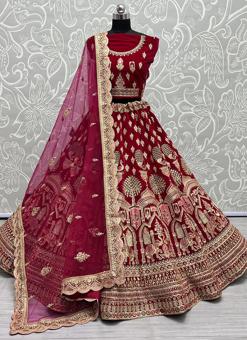 Buy Red Velvet Bridal Wear Mirror Work Lehenga Choli Online From