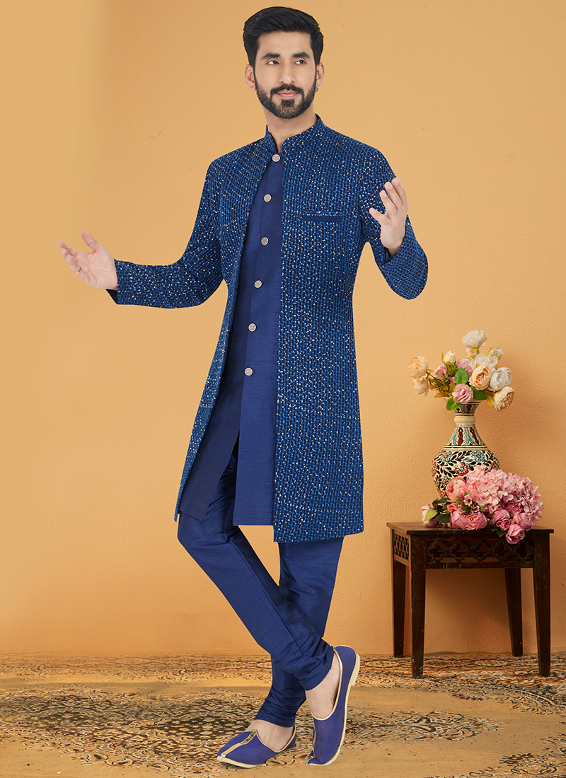 Buy Blue Georgette Banarasi Dhupion Wedding Wear Embroidery Work Mens Indo Western Online From Wholesale Salwar