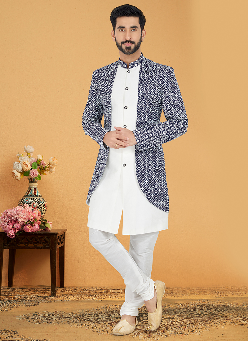 Blue White Banarasi Dhupion Wedding Wear Embroidery Work Mens Indo Western - Main Image