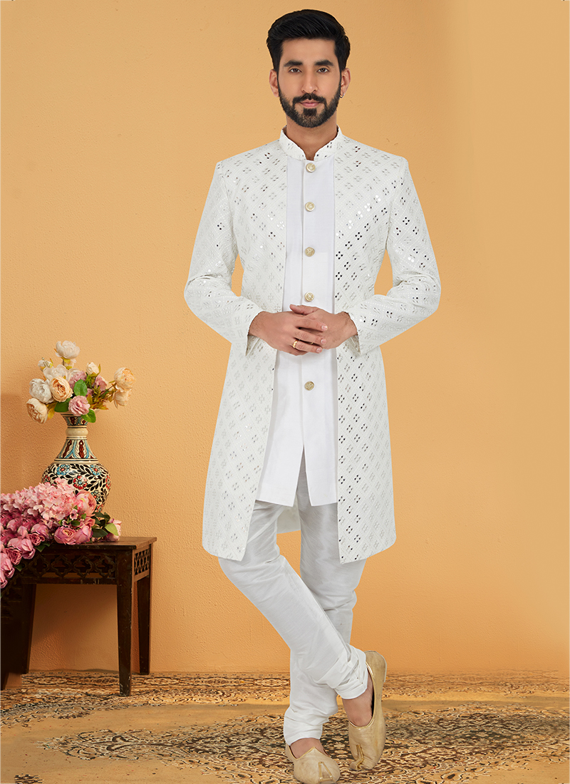 Shop White silk wedding wear indo western online from G3fashion India.  Brand - G3, Product… | Indian wedding outfits, Indian groom dress, Wedding  dresses men indian