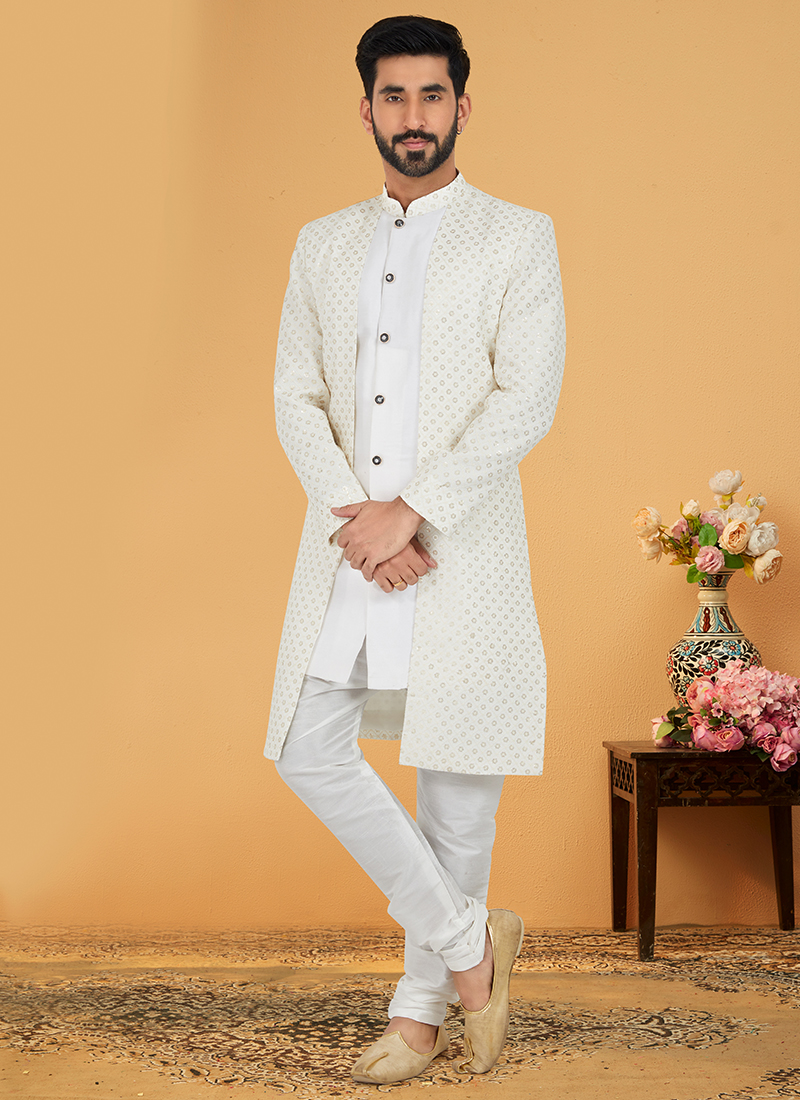 Grey Chikankari Embroidered Indo Western Sherwani For Men 845MW22