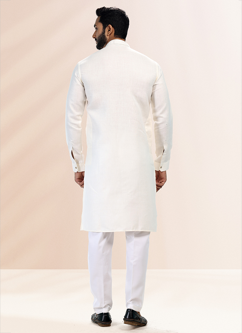 CREAM Cotton Linen Festival Wear Pintux Kurta Pajama