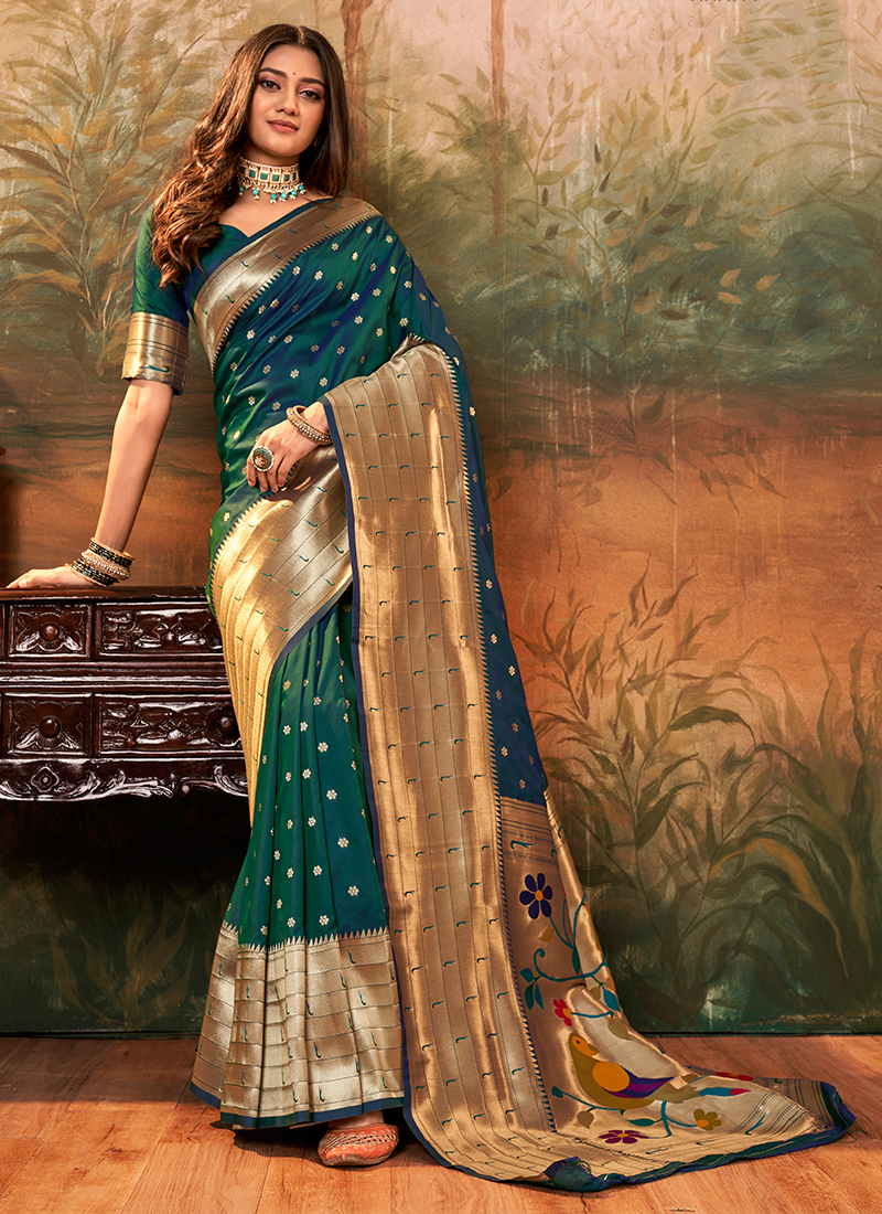 Buy Bottle Green Pure Silk Festival Wear Paithani Saree Online From ...