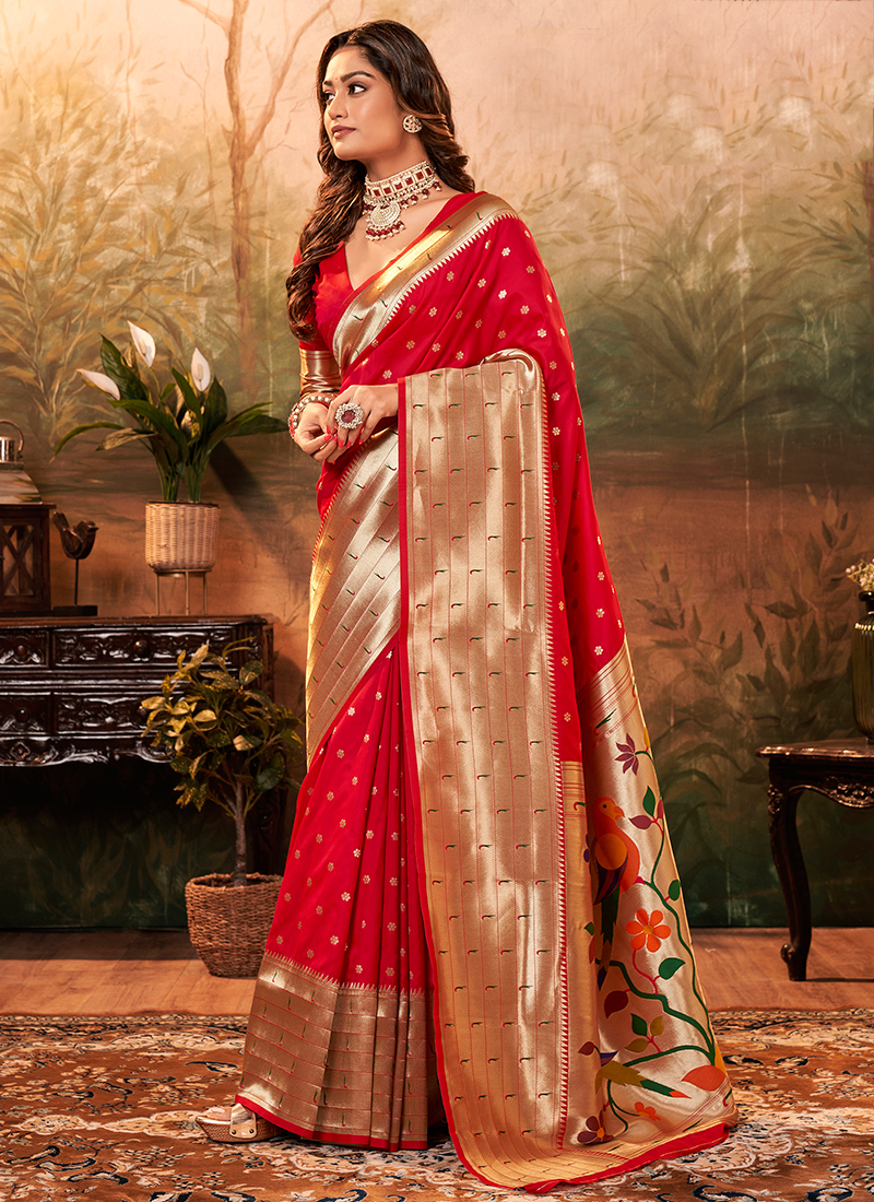 Buy Hot Red Pure Silk Festival Wear Paithani Saree Online From ...