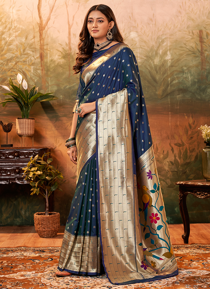 Navy Blue Woven Paithani Lichi Silk Saree – SHANGRILA DESIGNER