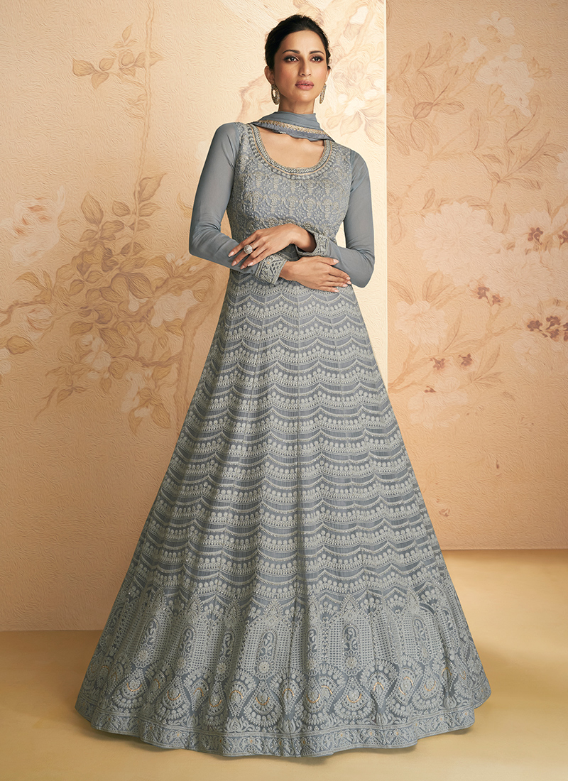 Buy Grey Georgette Party Wear Embroidery Work Gown With ...