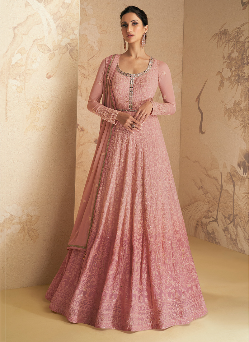Buy Pink Georgette Party Wear Embroidery Work Gown With ...