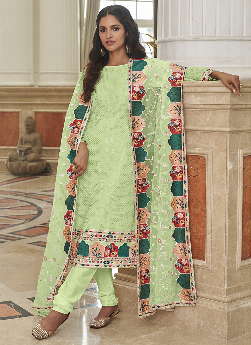 Buy Pista Green Threadwork Tissue Unstitched Salwar Suit - Koskii
