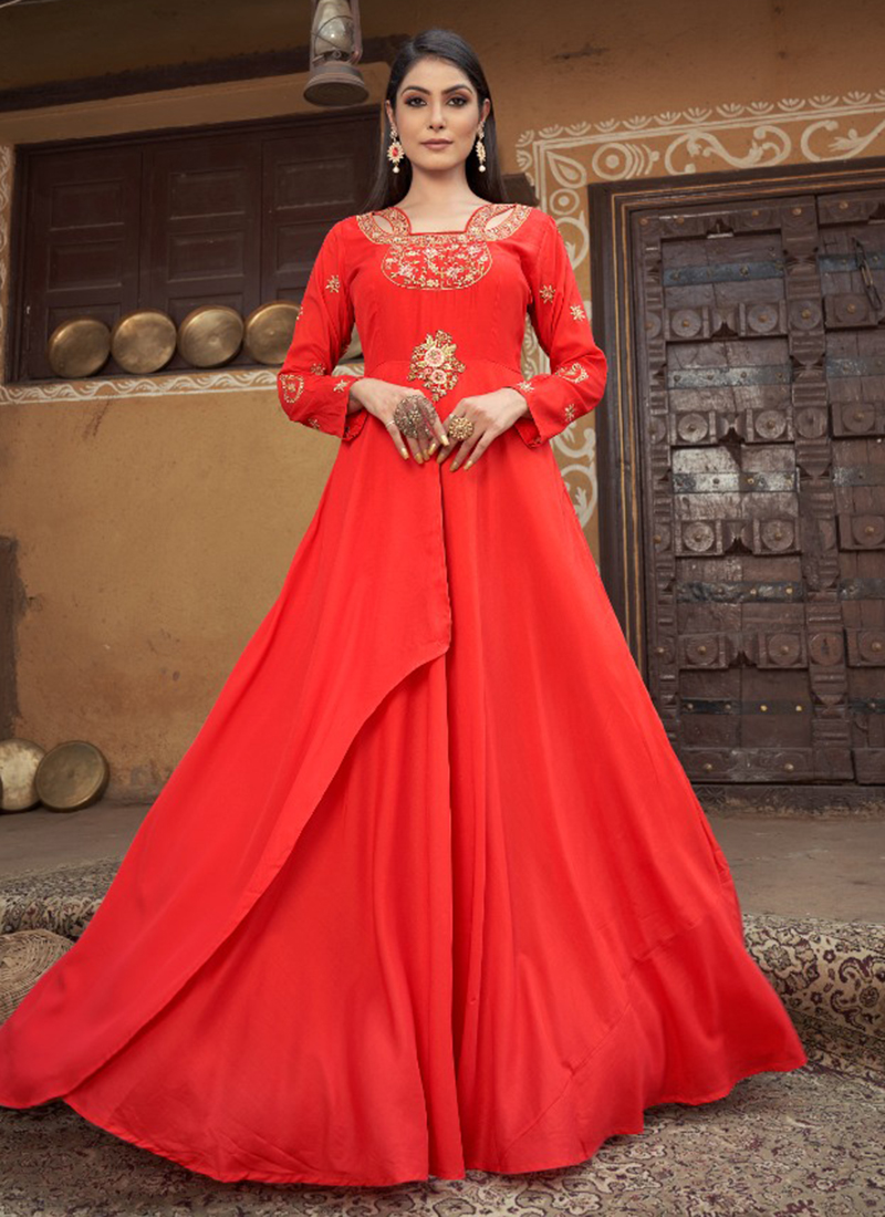 Buy Red Muslin Silk Party Wear Embroidery Work Gown Online ...