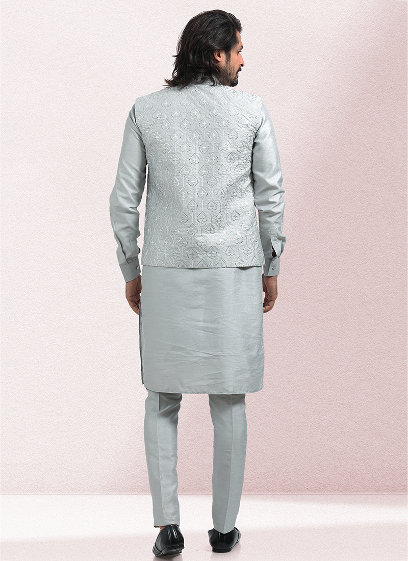 Grey Banarasi Silk Kurta Pajama With Jacket 276735