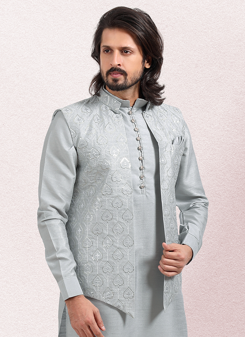 Function Wear Provocative Cream Kurta Pyjama With Grey Color Jacket In Silk  Fabric