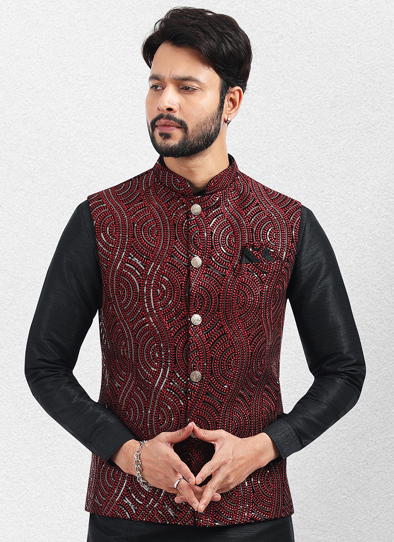 Men's Wine, Rose Gold And Black Silk Blend Jacket, Kurta And Dhoti Set -  Vastramay | Types of sleeves, Top fabric, Black silk