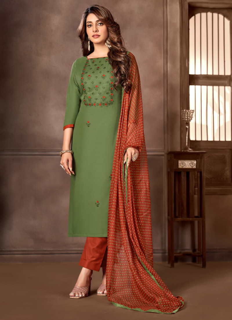 Buy Exclusive, Fine Kashmiri Hand Embroidered Chanderi Kurta / Dress Fabric  - Dark Beige & Rust Online