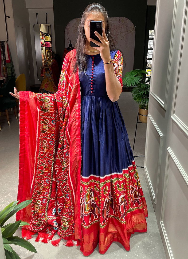 Navy Blue Anarkali Gown with flower printed dupatta - Dress me Royal