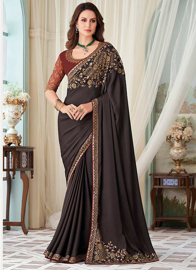 Grey Silk Party Wear Embroidery Work Saree