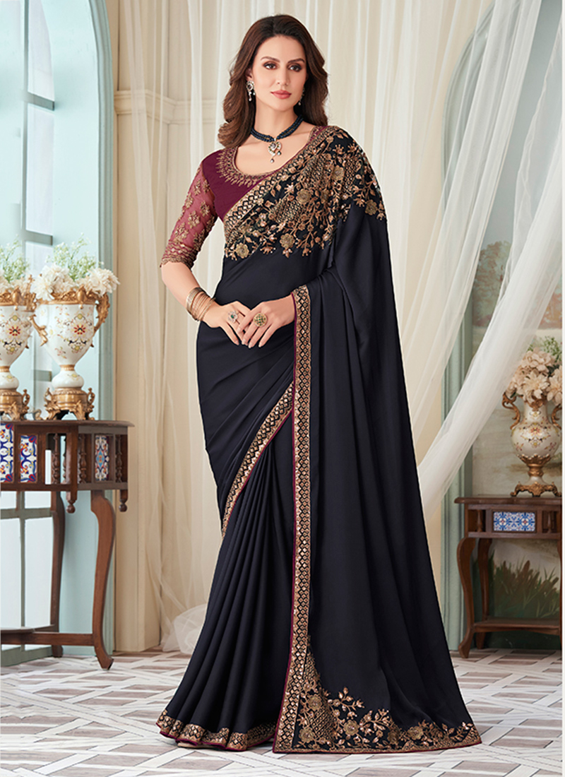 Navy Blue Georgette Sequins Embroidered Party Wear Saree SARV156271