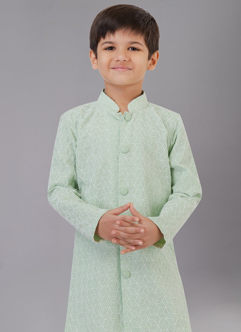 Mint Green Fancy Silk Festival Wear Embroidery Work Kids Kurta Pajama