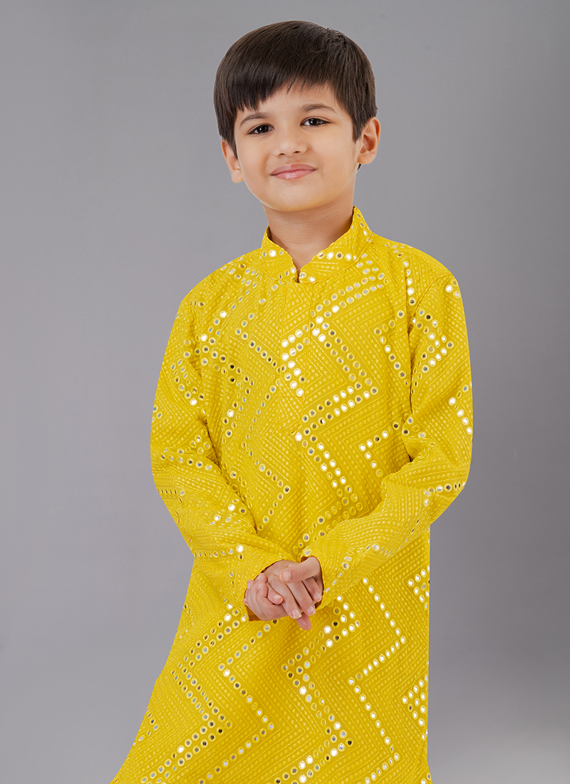 Buy Yellow Georgette Festival Wear Embroidery Work Kids Kurta